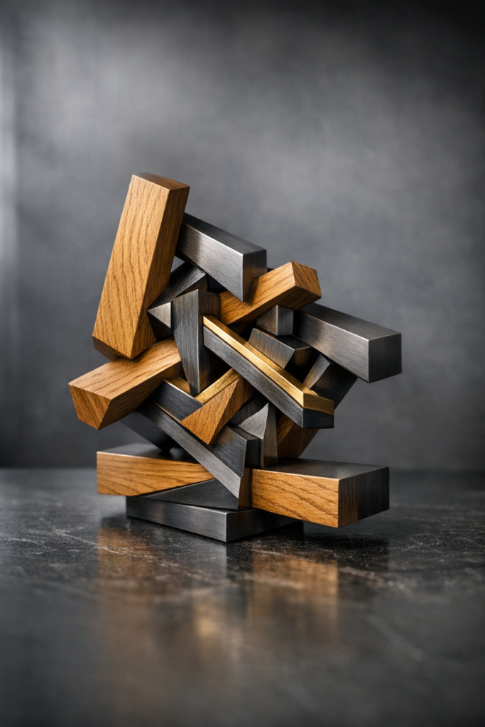 Architectural sculpture of interlocking wood and metal beams – The JK Protocol Human Architecture.